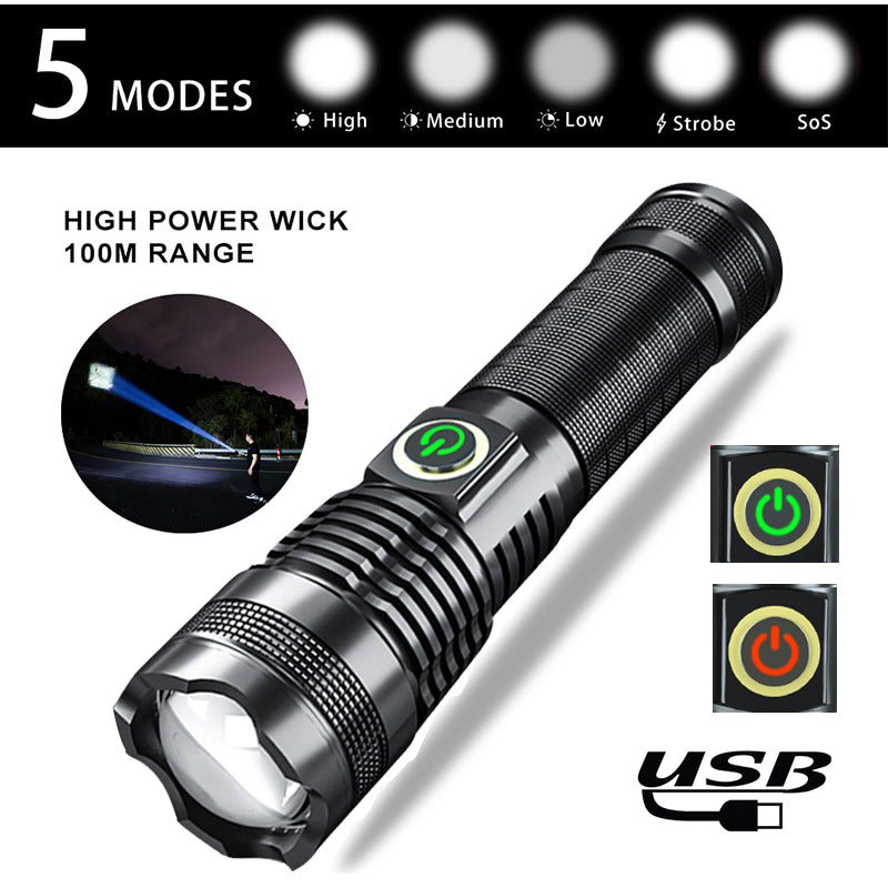 P50 Zoom USB Rechargeable Strong Light Flashlight With Battery Display