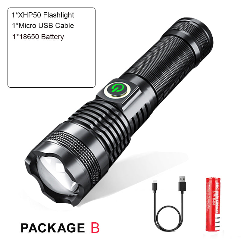 P50 Zoom USB Rechargeable Strong Light Flashlight With Battery Display