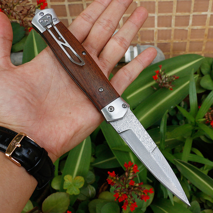 Damascus Folding Survival Knife For Camping And Outdoor Use