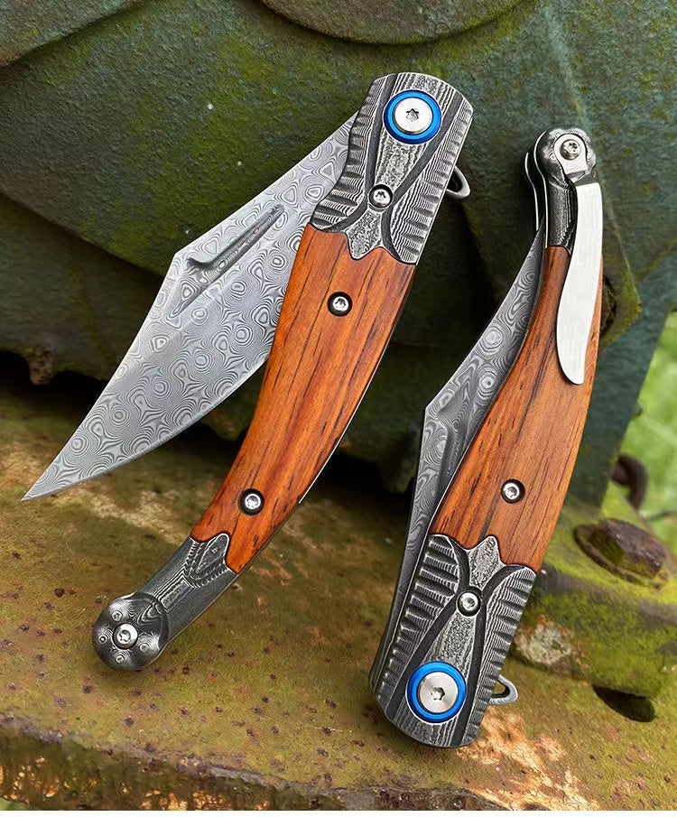 Small Damascus Steel Folding Outdoor Tactical Camping Survival Multi-Function Knife