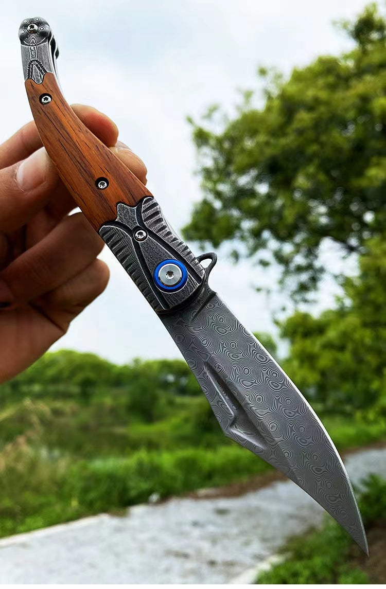 Small Damascus Steel Folding Outdoor Tactical Camping Survival Multi-Function Knife