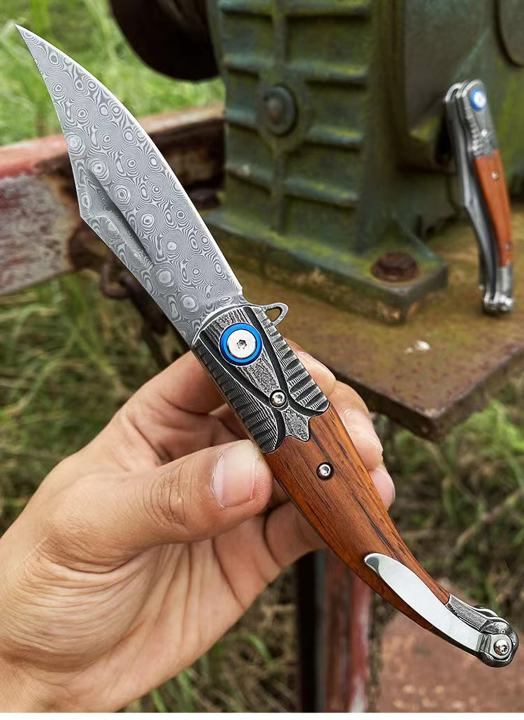 Small Damascus Steel Folding Outdoor Tactical Camping Survival Multi-Function Knife