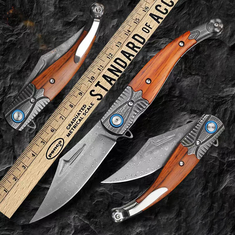 Small Damascus Steel Folding Outdoor Tactical Camping Survival Multi-Function Knife