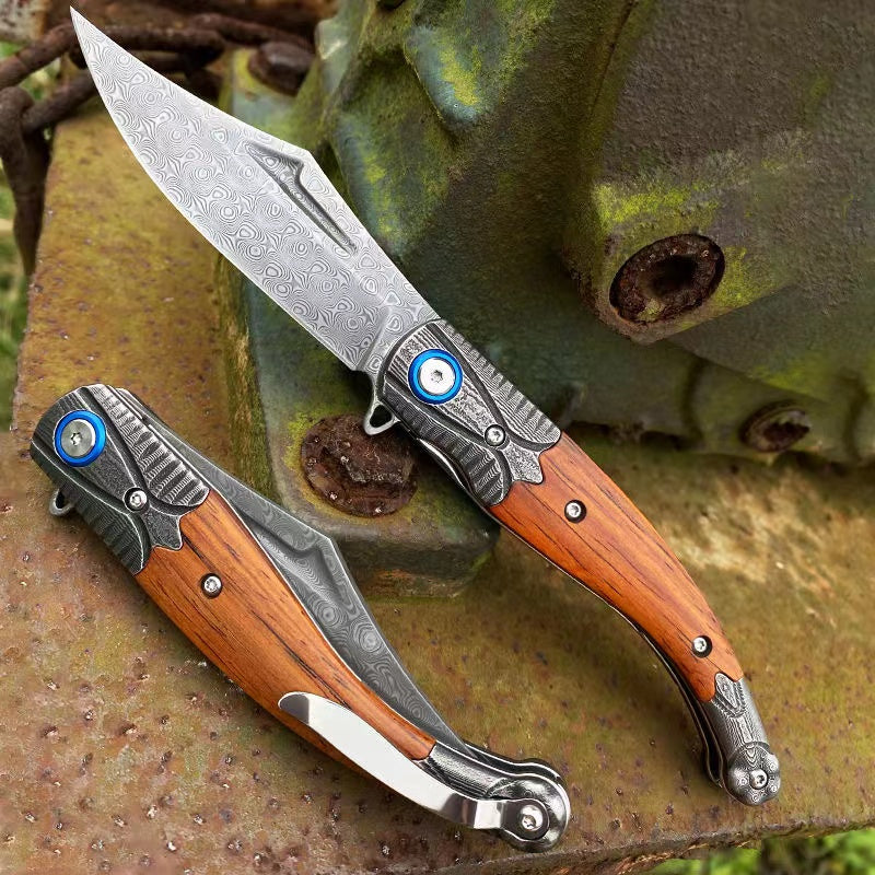Small Damascus Steel Folding Outdoor Tactical Camping Survival Multi-Function Knife