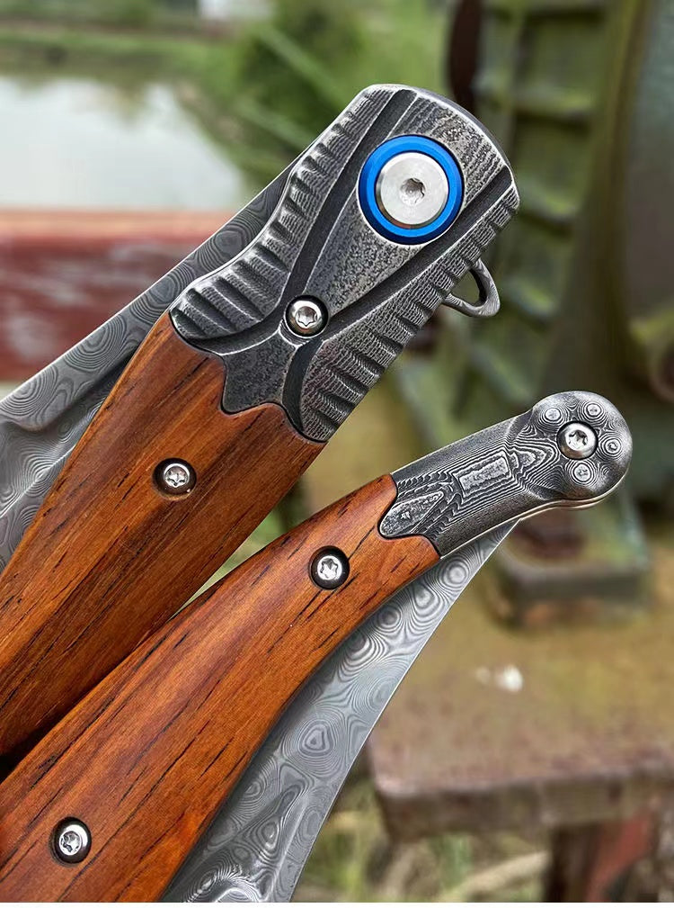 Small Damascus Steel Folding Outdoor Tactical Camping Survival Multi-Function Knife