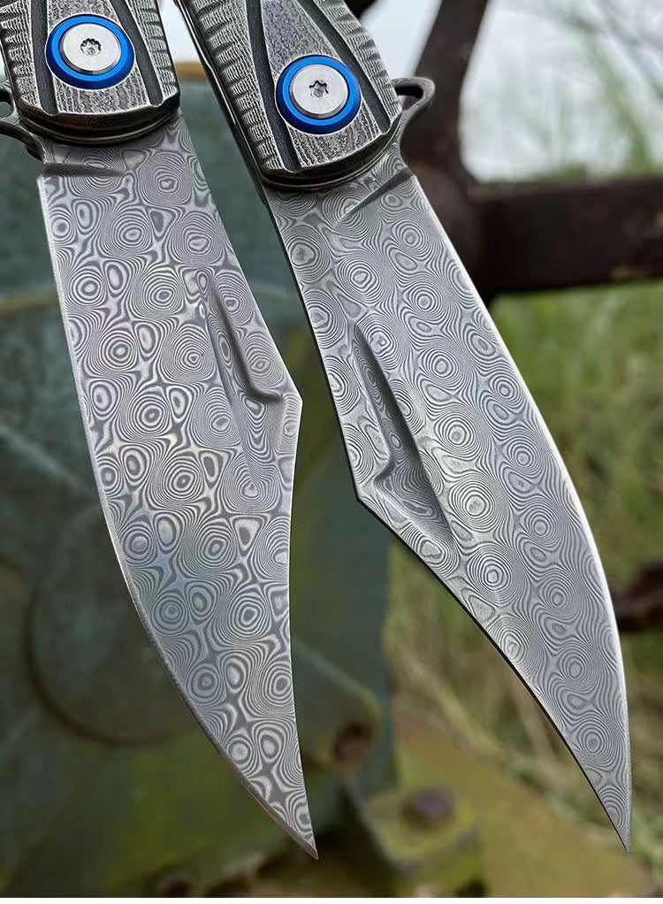 Small Damascus Steel Folding Outdoor Tactical Camping Survival Multi-Function Knife