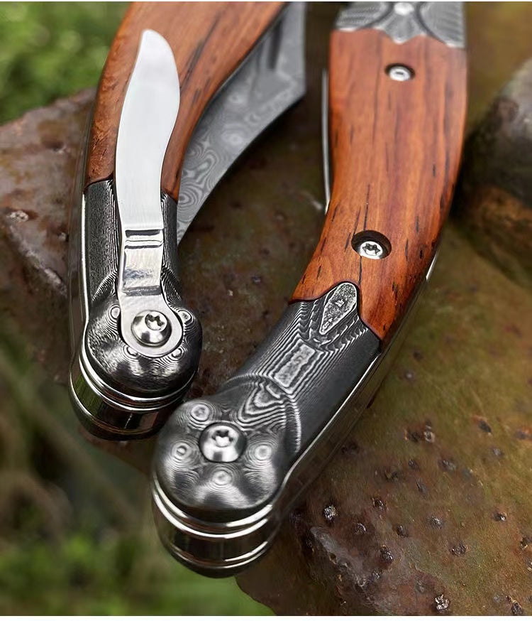 Small Damascus Steel Folding Outdoor Tactical Camping Survival Multi-Function Knife
